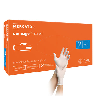 Mercator dermagel coated Latexhandschuhe weiß mit Polymerbeschichtung – Spenderbox