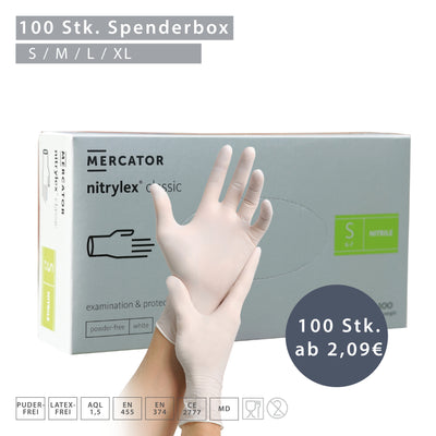 Mercator Nitrylex classic Nitrilhandschuhe weiß, puderfrei – Spenderbox Größe S