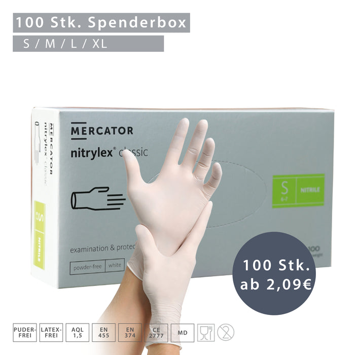 MERCATOR Nitrylex classic Medizinische Nitril-Schutzhandschuhe – Puderfrei, latexfrei, weiß